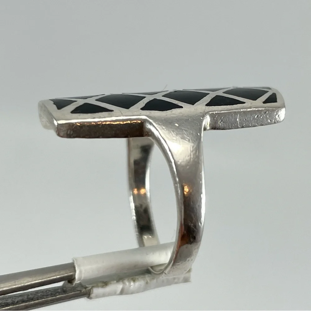 Vintage CFJ 925 Sterling Silver Black Onyx Ring Art Deco Geometric Band